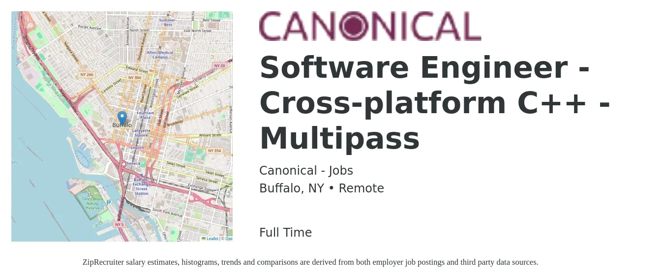 Canonical - Jobs job posting for a Software Engineer - Cross-platform C++ - Multipass in Buffalo, NY with a salary of $94,900 to $140,000 Yearly with a map of Buffalo location.