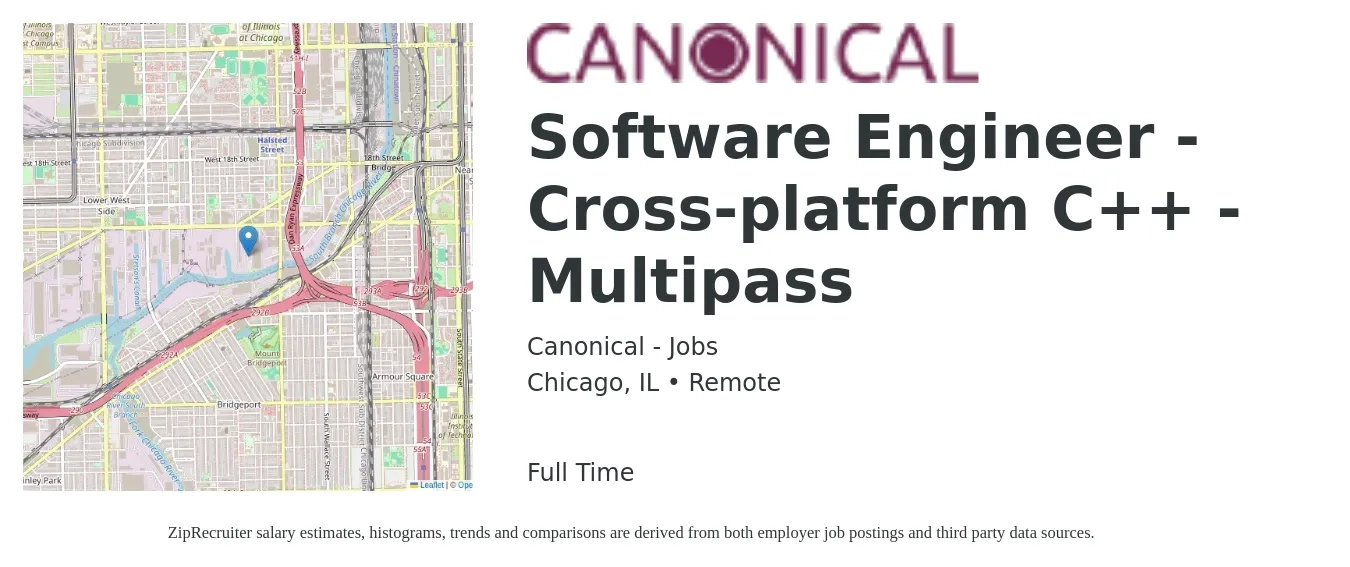 Canonical - Jobs job posting for a Software Engineer - Cross-platform C++ - Multipass in Chicago, IL with a salary of $101,000 to $148,900 Yearly with a map of Chicago location.