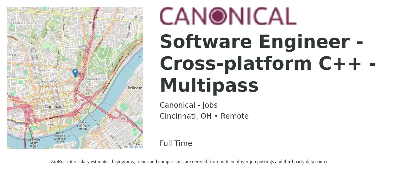 Canonical - Jobs job posting for a Software Engineer - Cross-platform C++ - Multipass in Cincinnati, OH with a salary of $94,000 to $138,600 Yearly with a map of Cincinnati location.
