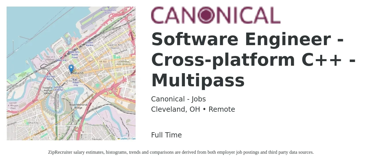Canonical - Jobs job posting for a Software Engineer - Cross-platform C++ - Multipass in Cleveland, OH with a salary of $95,000 to $140,100 Yearly with a map of Cleveland location.