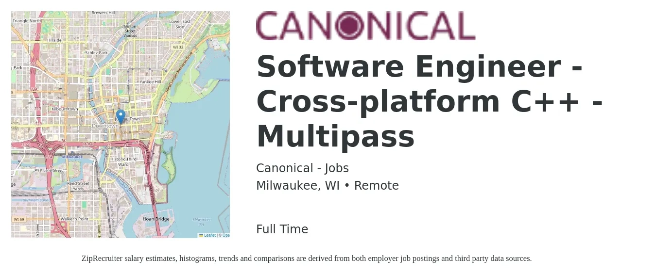 Canonical - Jobs job posting for a Software Engineer - Cross-platform C++ - Multipass in Milwaukee, WI with a salary of $96,600 to $142,400 Yearly with a map of Milwaukee location.