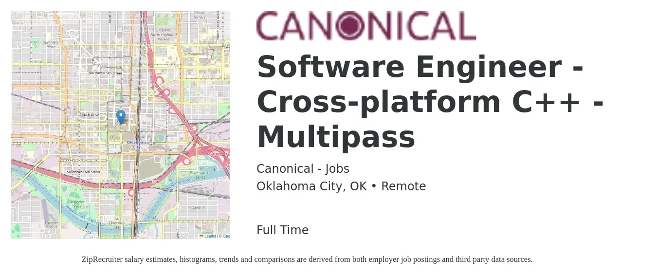 Canonical - Jobs job posting for a Software Engineer - Cross-platform C++ - Multipass in Oklahoma City, OK with a salary of $91,000 to $134,200 Yearly with a map of Oklahoma City location.