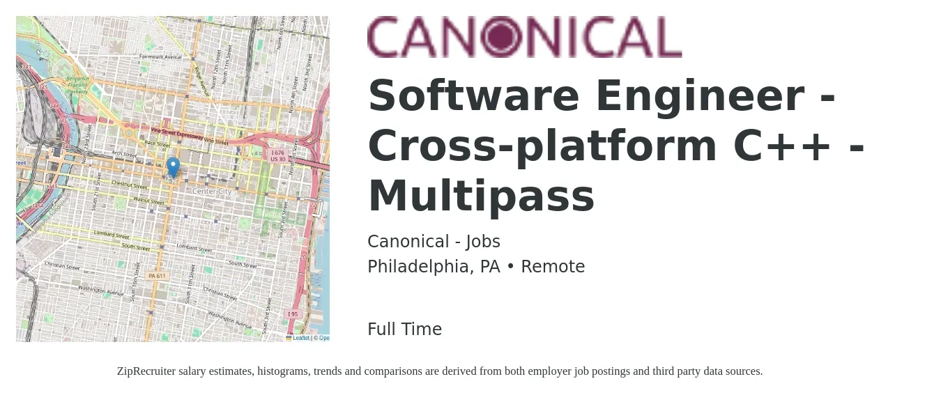 Canonical - Jobs job posting for a Software Engineer - Cross-platform C++ - Multipass in Philadelphia, PA with a salary of $98,900 to $145,800 Yearly with a map of Philadelphia location.