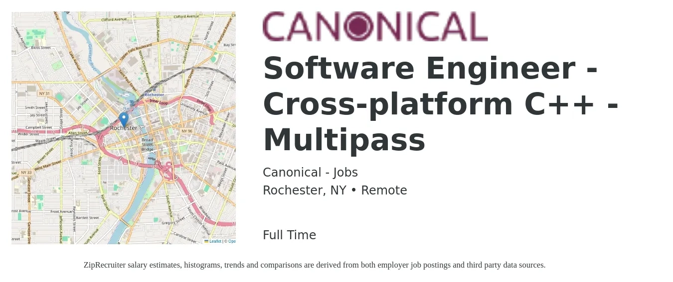 Canonical - Jobs job posting for a Software Engineer - Cross-platform C++ - Multipass in Rochester, NY with a salary of $96,700 to $142,600 Yearly with a map of Rochester location.