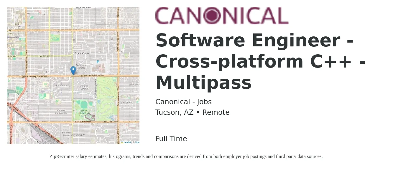 Canonical - Jobs job posting for a Software Engineer - Cross-platform C++ - Multipass in Tucson, AZ with a salary of $92,700 to $136,600 Yearly with a map of Tucson location.