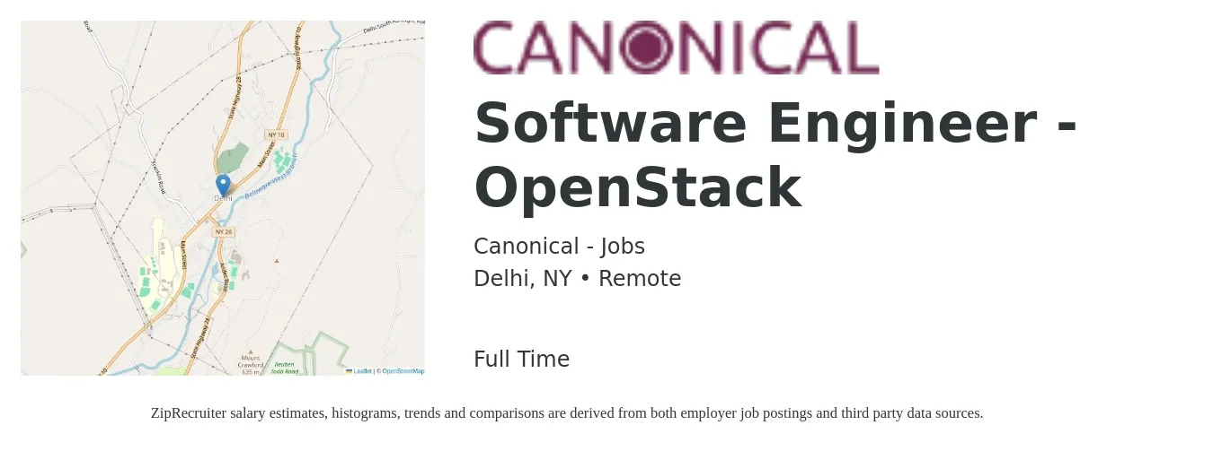 Canonical - Jobs job posting for a Software Engineer - OpenStack in Delhi, NY with a salary of $123,000 to $177,400 Yearly with a map of Delhi location.