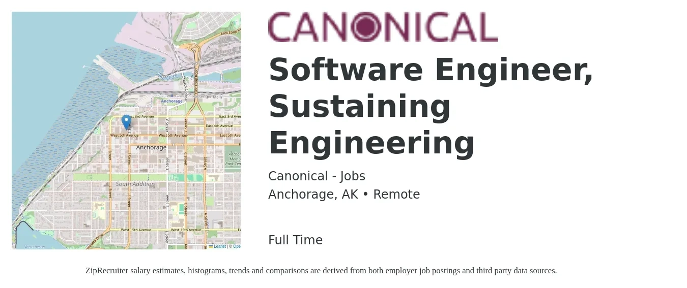 Canonical - Jobs job posting for a Software Engineer, Sustaining Engineering in Anchorage, AK with a salary of $111,400 to $144,100 Yearly with a map of Anchorage location.