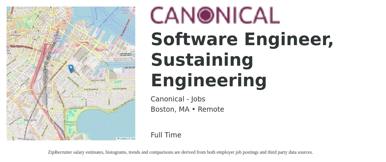 Canonical - Jobs job posting for a Software Engineer, Sustaining Engineering in Boston, MA with a salary of $118,400 to $153,200 Yearly with a map of Boston location.
