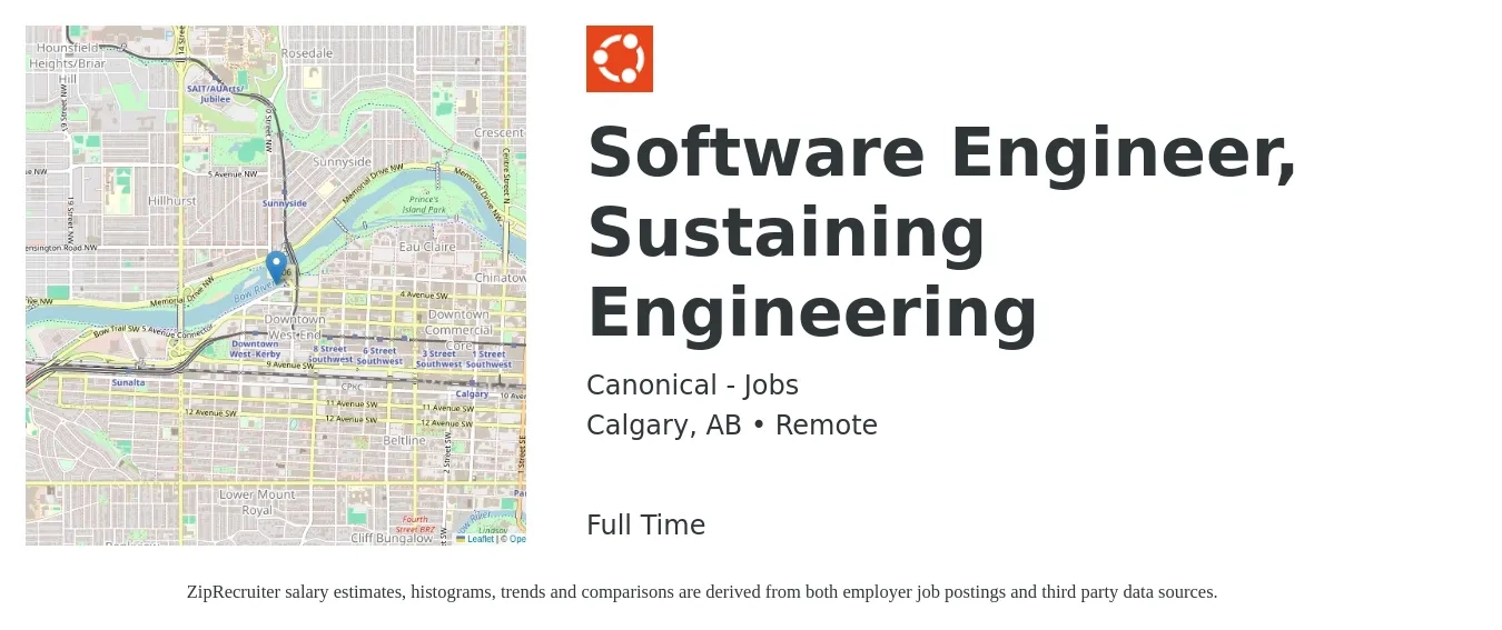 Canonical - Jobs job posting for a Software Engineer, Sustaining Engineering in Calgary, AB with a map of Calgary location.