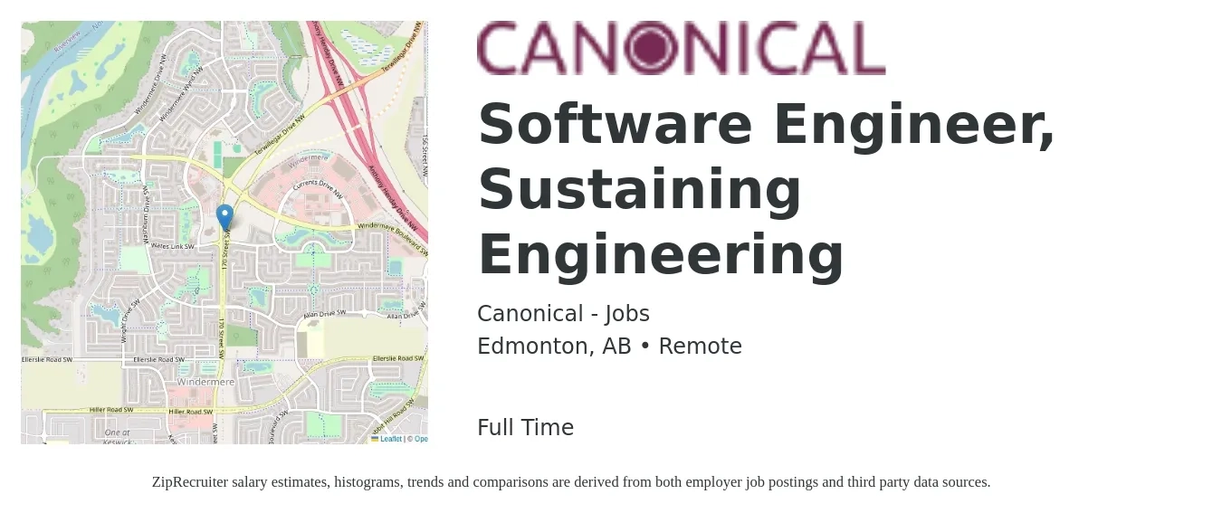 Canonical - Jobs job posting for a Software Engineer, Sustaining Engineering in Edmonton, AB with a map of Edmonton location.