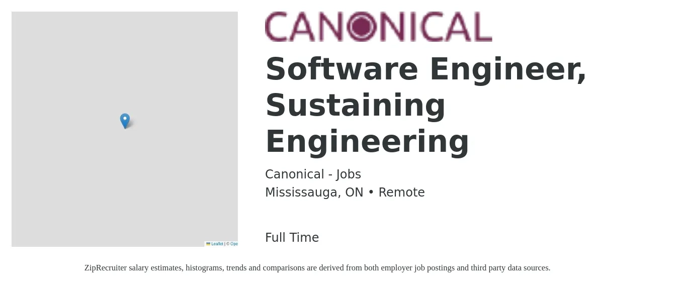 Canonical - Jobs job posting for a Software Engineer, Sustaining Engineering in Mississauga, ON with a map of Mississauga location.