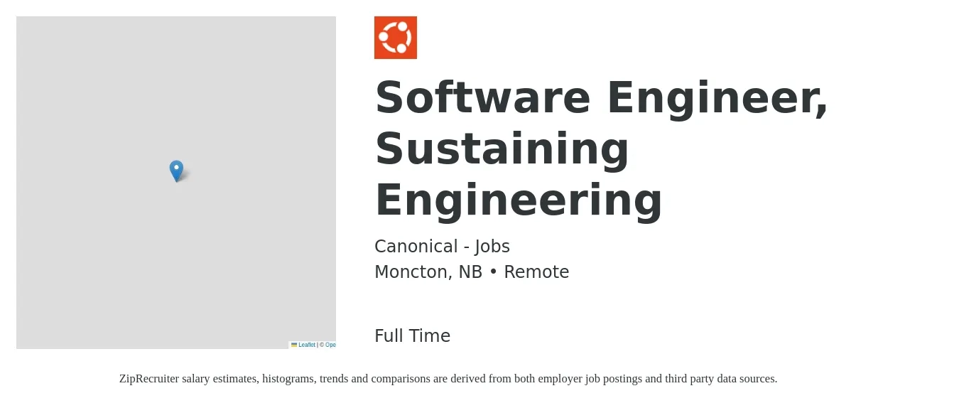 Canonical - Jobs job posting for a Software Engineer, Sustaining Engineering in Moncton, NB with a map of Moncton location.