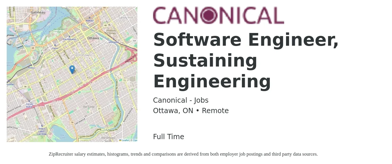 Canonical - Jobs job posting for a Software Engineer, Sustaining Engineering in Ottawa, ON with a map of Ottawa location.