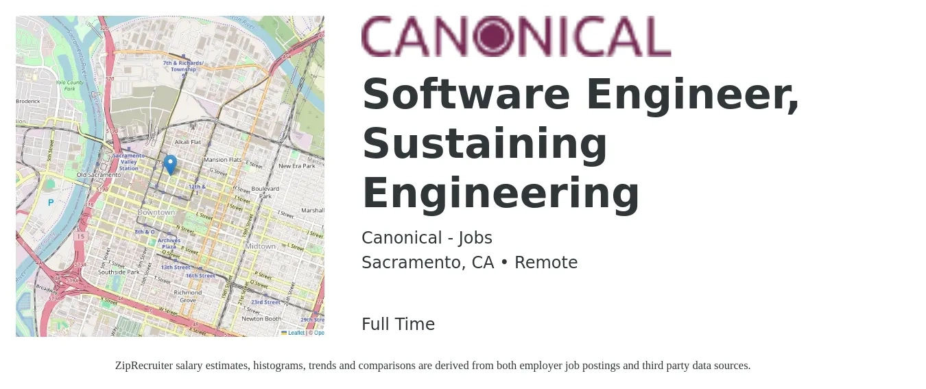 Canonical - Jobs job posting for a Software Engineer, Sustaining Engineering in Sacramento, CA with a salary of $116,200 to $150,400 Yearly with a map of Sacramento location.