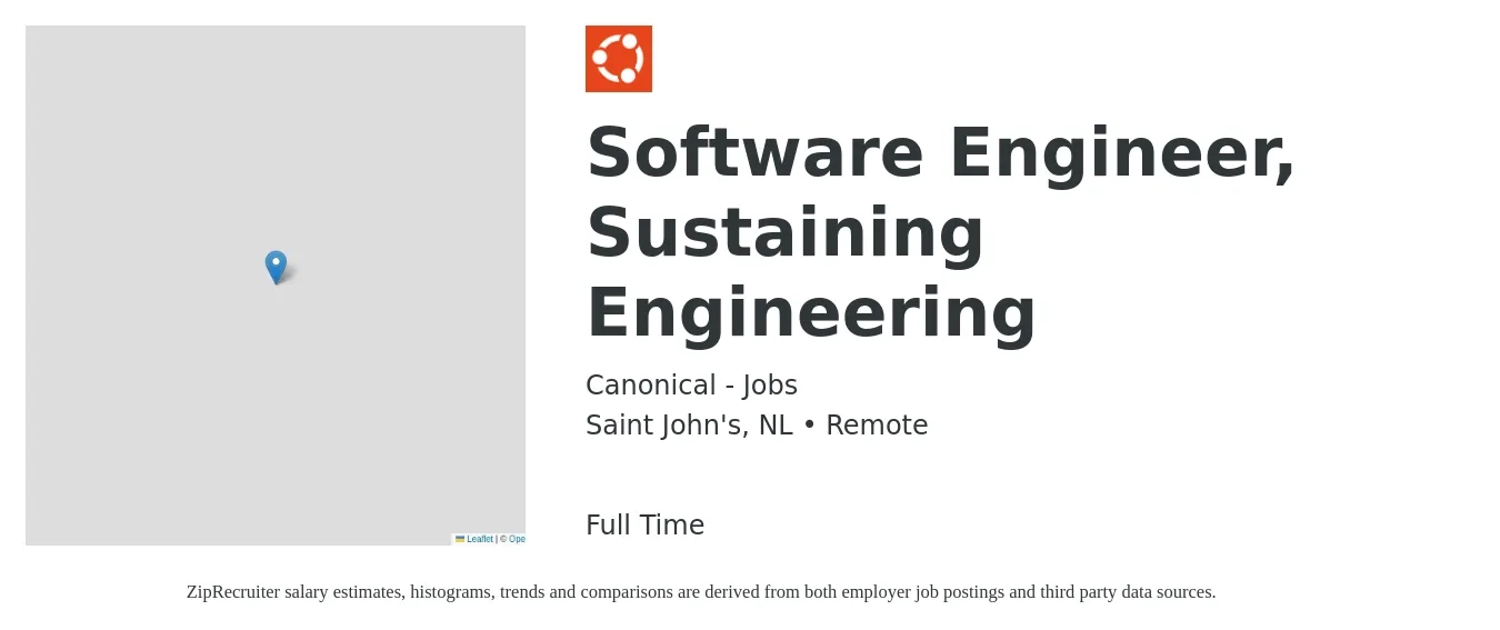 Canonical - Jobs job posting for a Software Engineer, Sustaining Engineering in Saint John's, NL with a map of Saint John's location.