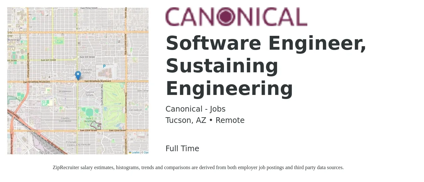 Canonical - Jobs job posting for a Software Engineer, Sustaining Engineering in Tucson, AZ with a salary of $103,100 to $133,300 Yearly with a map of Tucson location.