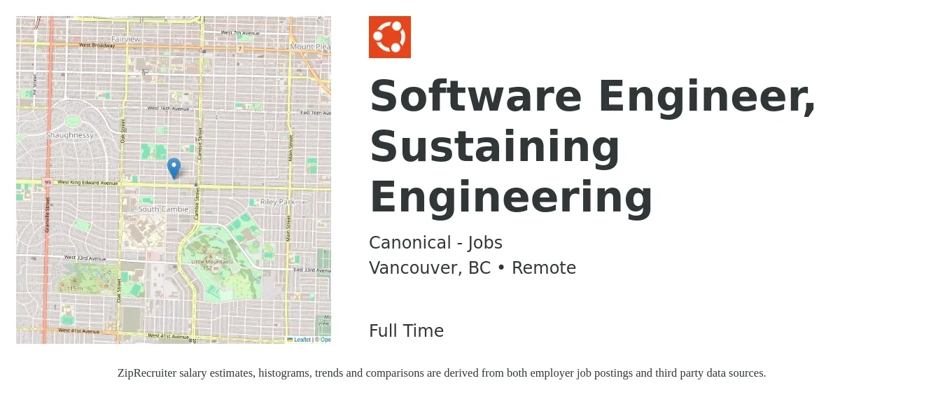 Canonical - Jobs job posting for a Software Engineer, Sustaining Engineering in Vancouver, BC with a map of Vancouver location.