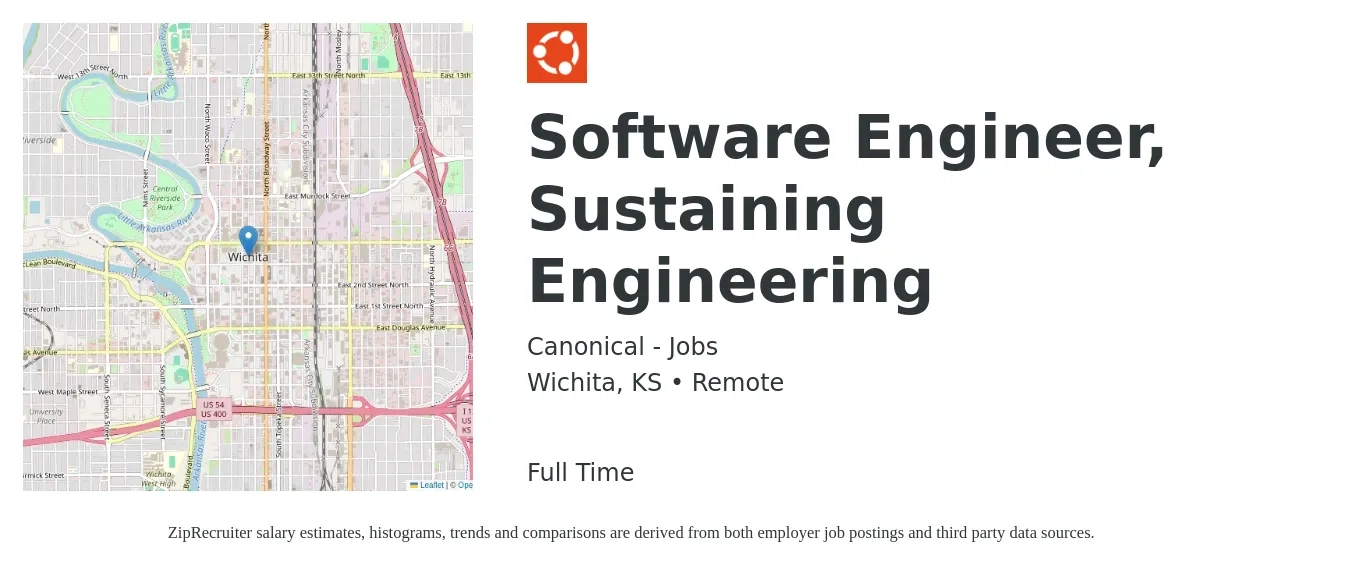 Canonical - Jobs job posting for a Software Engineer, Sustaining Engineering in Wichita, KS with a salary of $97,500 to $126,100 Yearly with a map of Wichita location.