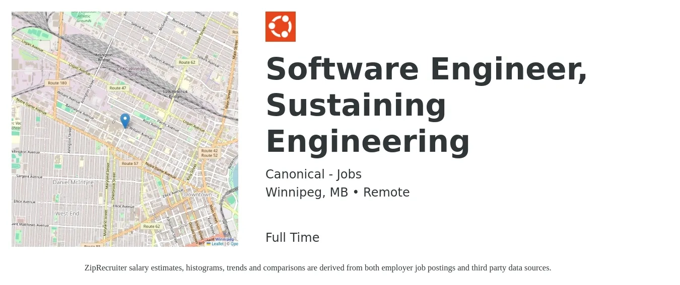 Canonical - Jobs job posting for a Software Engineer, Sustaining Engineering in Winnipeg, MB with a map of Winnipeg location.