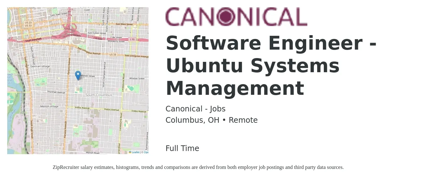 Canonical - Jobs job posting for a Software Engineer - Ubuntu Systems Management in Columbus, OH with a salary of $115,900 to $167,100 Yearly with a map of Columbus location.