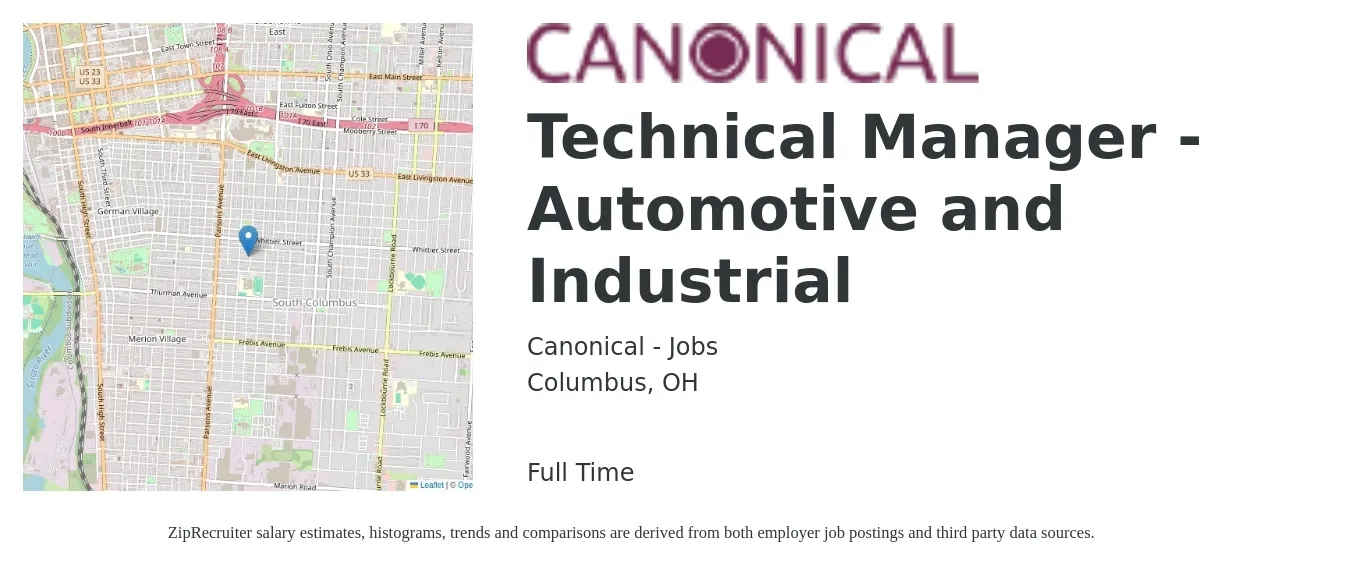 Canonical - Jobs job posting for a Technical Manager - Automotive and Industrial in Columbus, OH with a salary of $112,500 to $174,800 Yearly with a map of Columbus location.