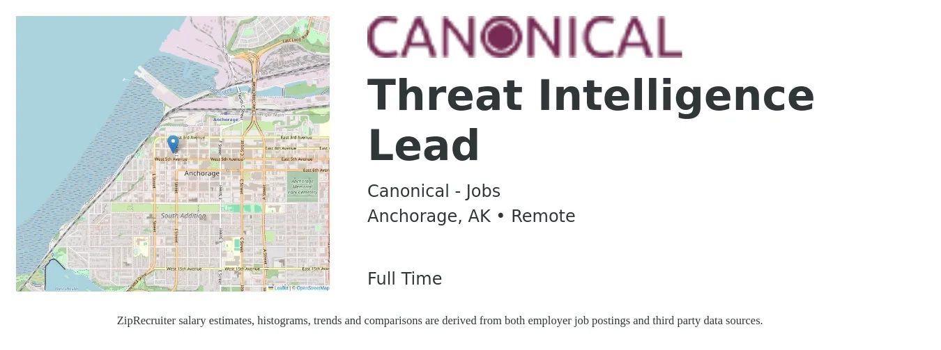 Canonical - Jobs job posting for a Threat Intelligence Lead in Anchorage, AK with a salary of $54 to $72 Hourly with a map of Anchorage location.