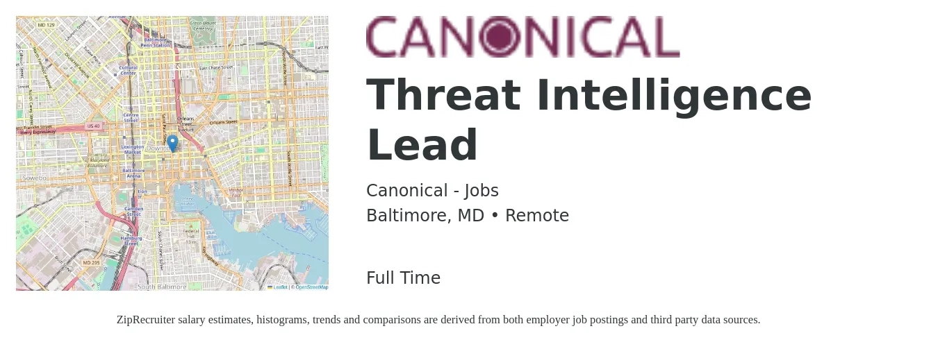 Canonical - Jobs job posting for a Threat Intelligence Lead in Baltimore, MD with a salary of $52 to $70 Hourly with a map of Baltimore location.