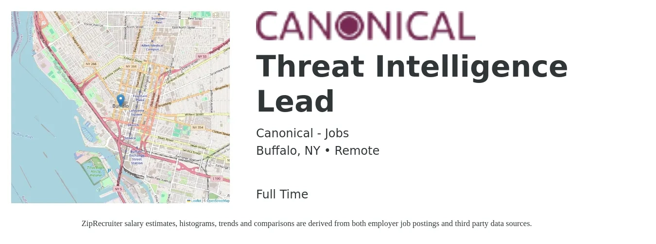 Canonical - Jobs job posting for a Threat Intelligence Lead in Buffalo, NY with a salary of $51 to $68 Hourly with a map of Buffalo location.