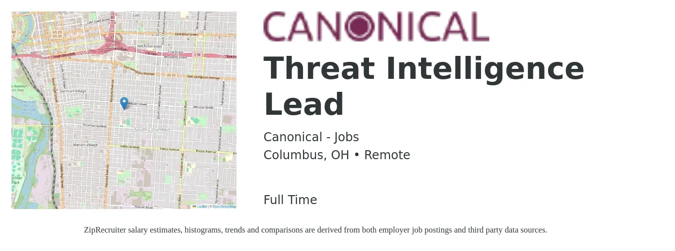 Canonical - Jobs job posting for a Threat Intelligence Lead in Columbus, OH with a salary of $51 to $68 Hourly with a map of Columbus location.