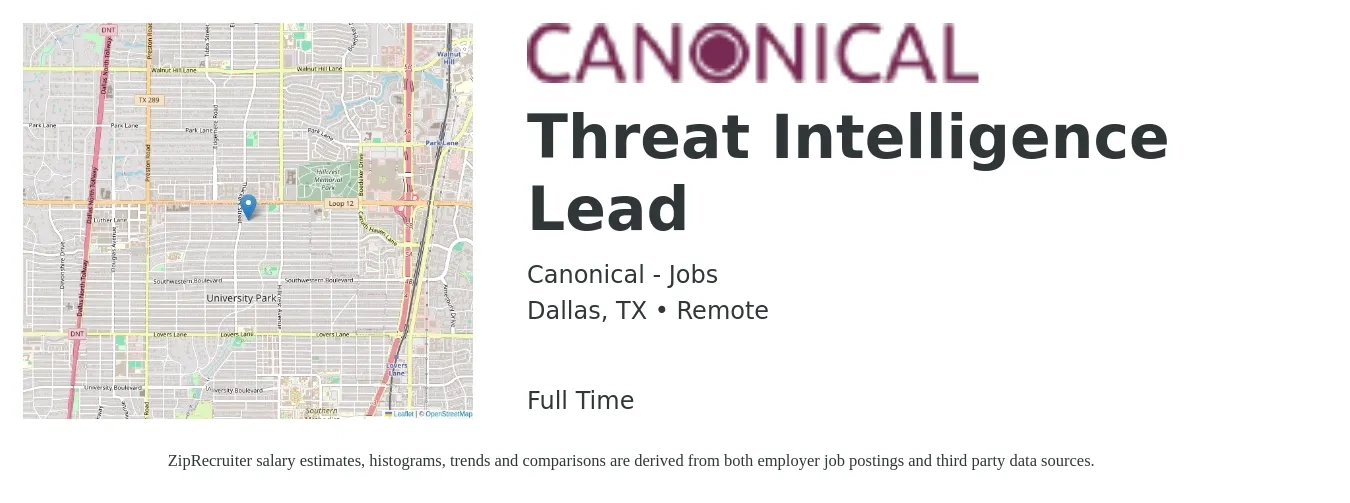 Canonical - Jobs job posting for a Threat Intelligence Lead in Dallas, TX with a salary of $52 to $69 Hourly with a map of Dallas location.