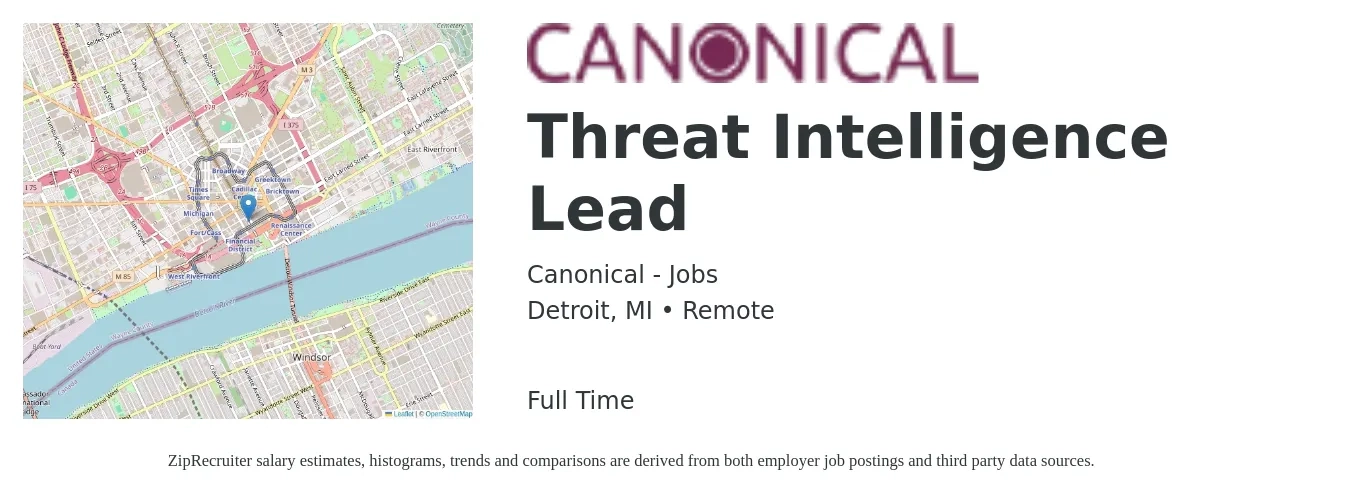 Canonical - Jobs job posting for a Threat Intelligence Lead in Detroit, MI with a salary of $52 to $69 Hourly with a map of Detroit location.