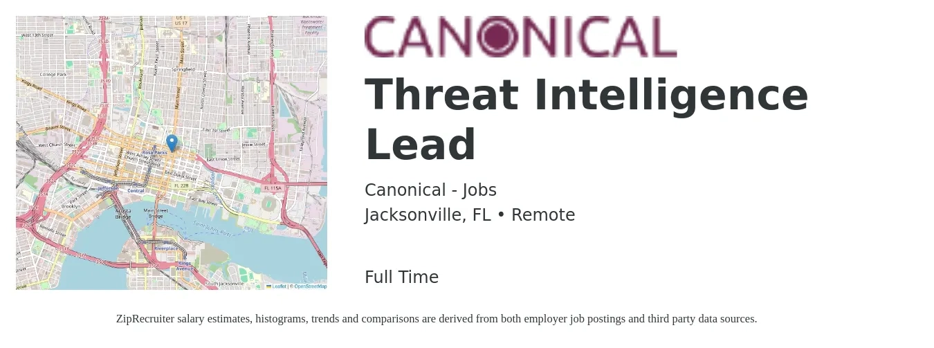 Canonical - Jobs job posting for a Threat Intelligence Lead in Jacksonville, FL with a salary of $49 to $65 Hourly with a map of Jacksonville location.