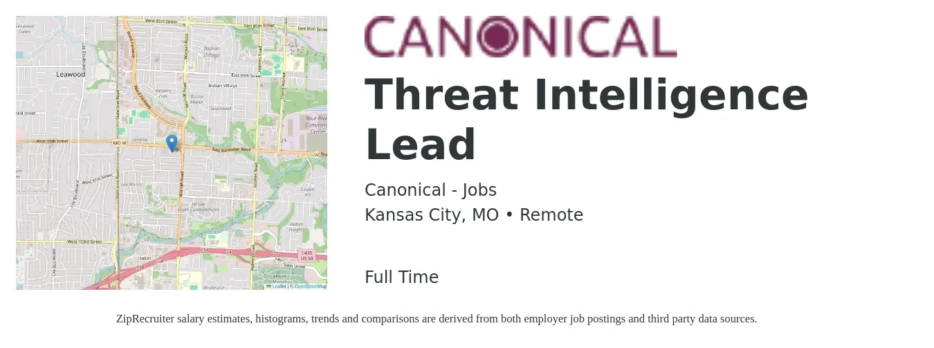Canonical - Jobs job posting for a Threat Intelligence Lead in Kansas City, MO with a salary of $51 to $68 Hourly with a map of Kansas City location.