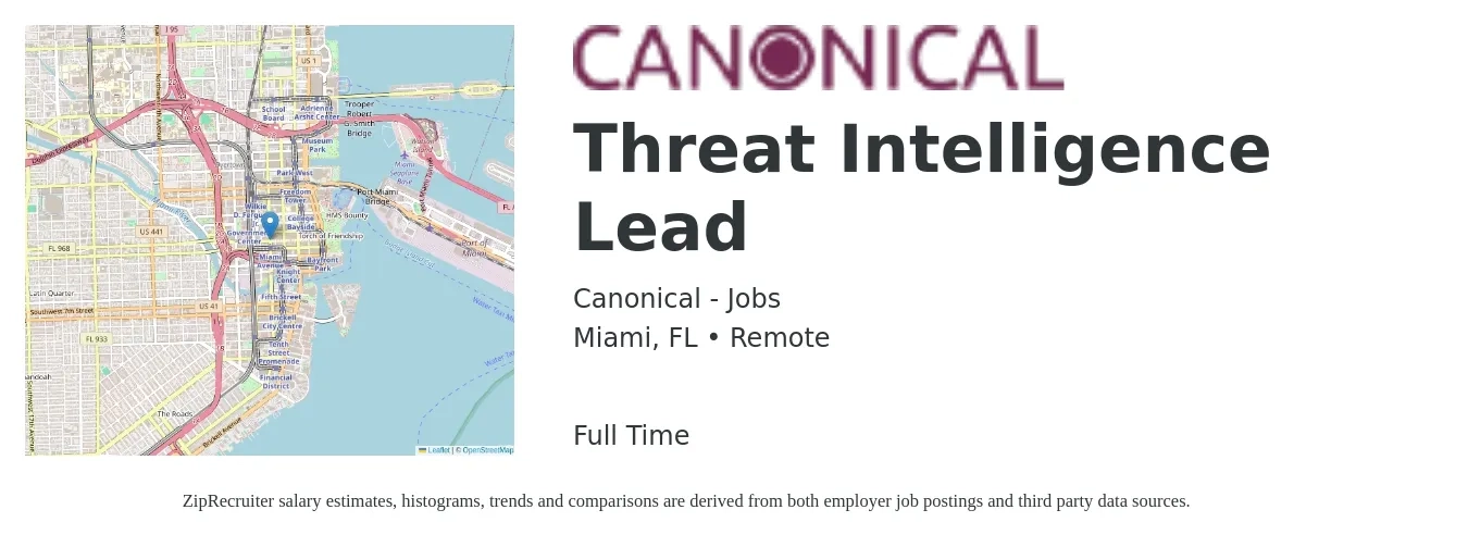 Canonical - Jobs job posting for a Threat Intelligence Lead in Miami, FL with a salary of $50 to $67 Hourly with a map of Miami location.