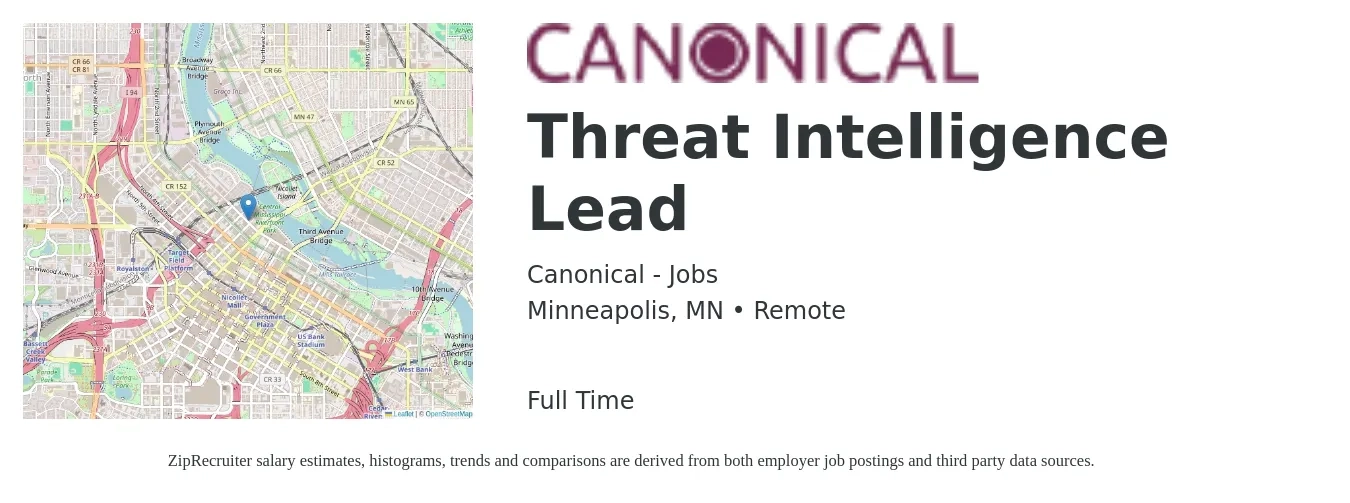 Canonical - Jobs job posting for a Threat Intelligence Lead in Minneapolis, MN with a salary of $55 to $73 Hourly with a map of Minneapolis location.