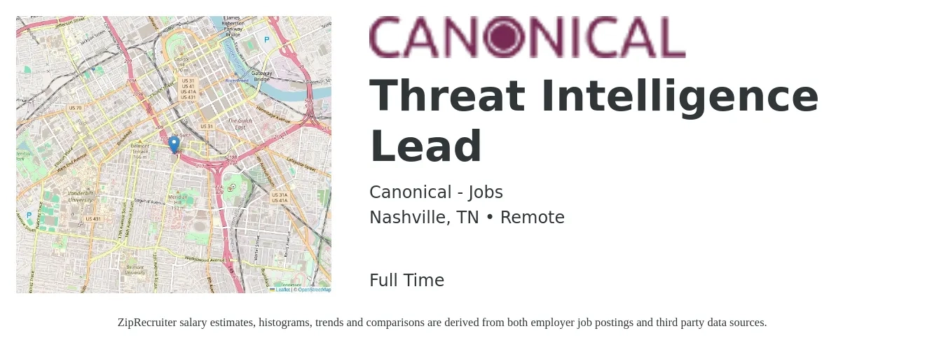 Canonical - Jobs job posting for a Threat Intelligence Lead in Nashville, TN with a salary of $51 to $68 Hourly with a map of Nashville location.
