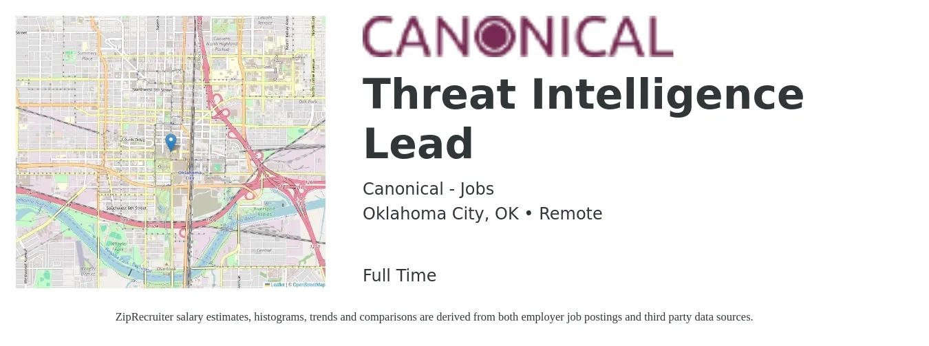 Canonical - Jobs job posting for a Threat Intelligence Lead in Oklahoma City, OK with a salary of $49 to $65 Hourly with a map of Oklahoma City location.