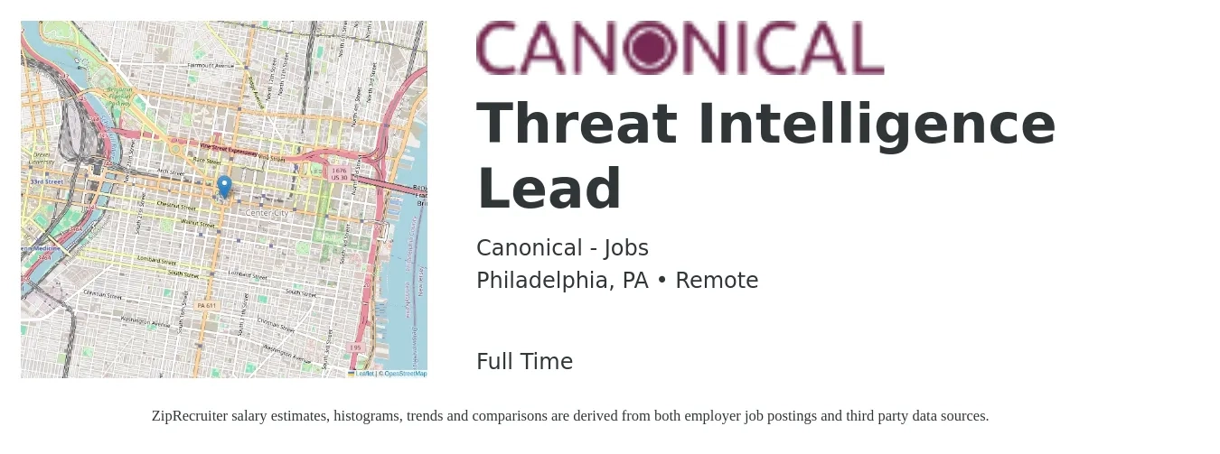 Canonical - Jobs job posting for a Threat Intelligence Lead in Philadelphia, PA with a salary of $53 to $71 Hourly with a map of Philadelphia location.