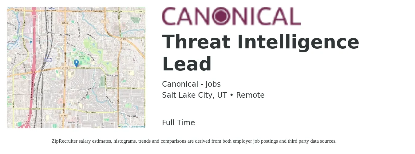 Canonical - Jobs job posting for a Threat Intelligence Lead in Salt Lake City, UT with a salary of $51 to $68 Hourly with a map of Salt Lake City location.