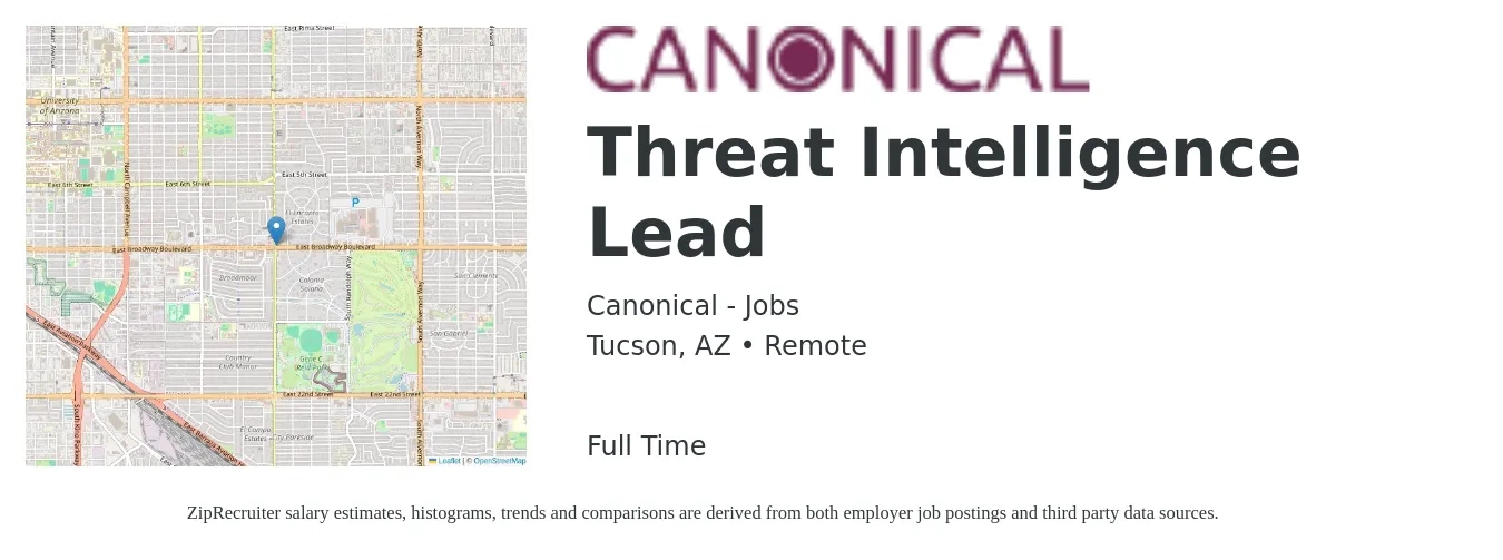 Canonical - Jobs job posting for a Threat Intelligence Lead in Tucson, AZ with a salary of $50 to $66 Hourly with a map of Tucson location.