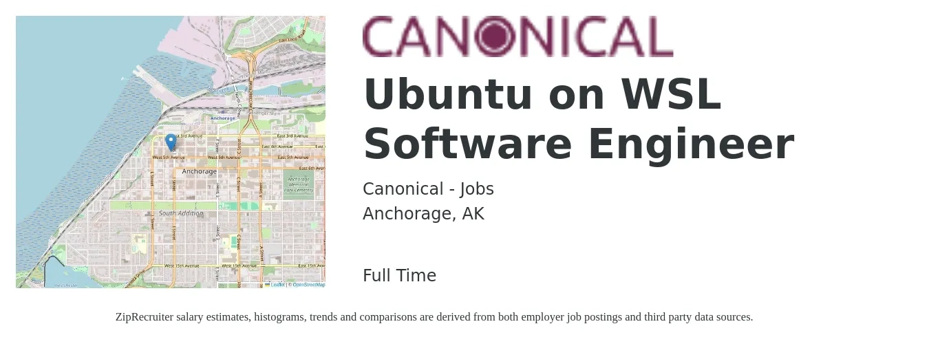 Canonical - Jobs job posting for a Ubuntu on WSL Software Engineer in Anchorage, AK with a salary of $74,600 to $97,600 Yearly with a map of Anchorage location.