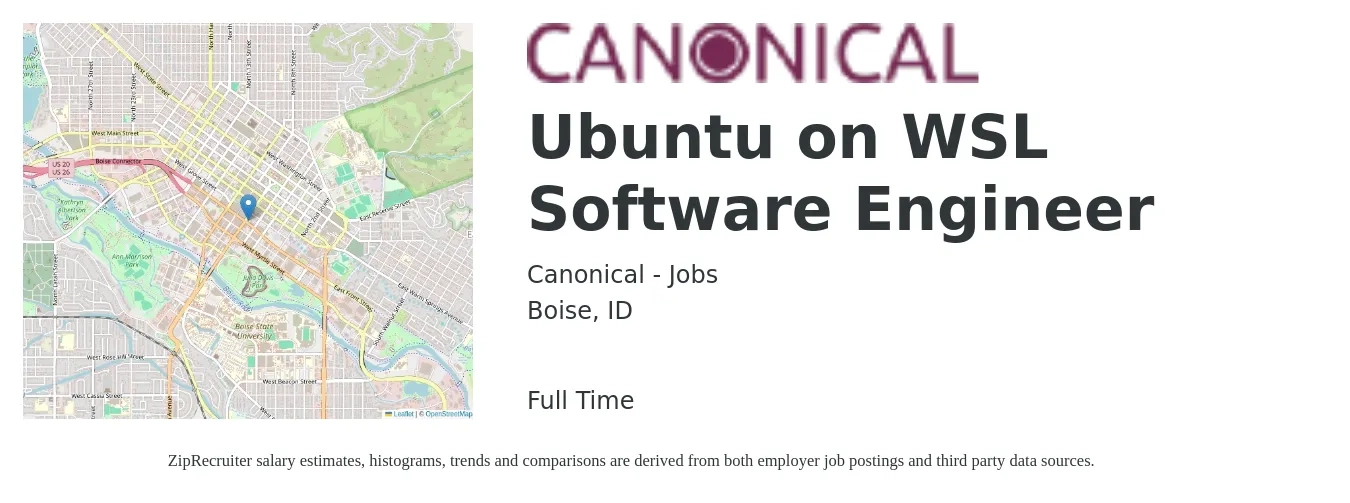 Canonical - Jobs job posting for a Ubuntu on WSL Software Engineer in Boise, ID with a salary of $69,500 to $90,900 Yearly with a map of Boise location.