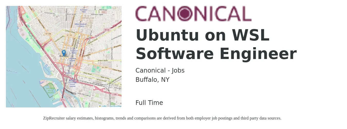 Canonical - Jobs job posting for a Ubuntu on WSL Software Engineer in Buffalo, NY with a salary of $70,700 to $92,500 Yearly with a map of Buffalo location.