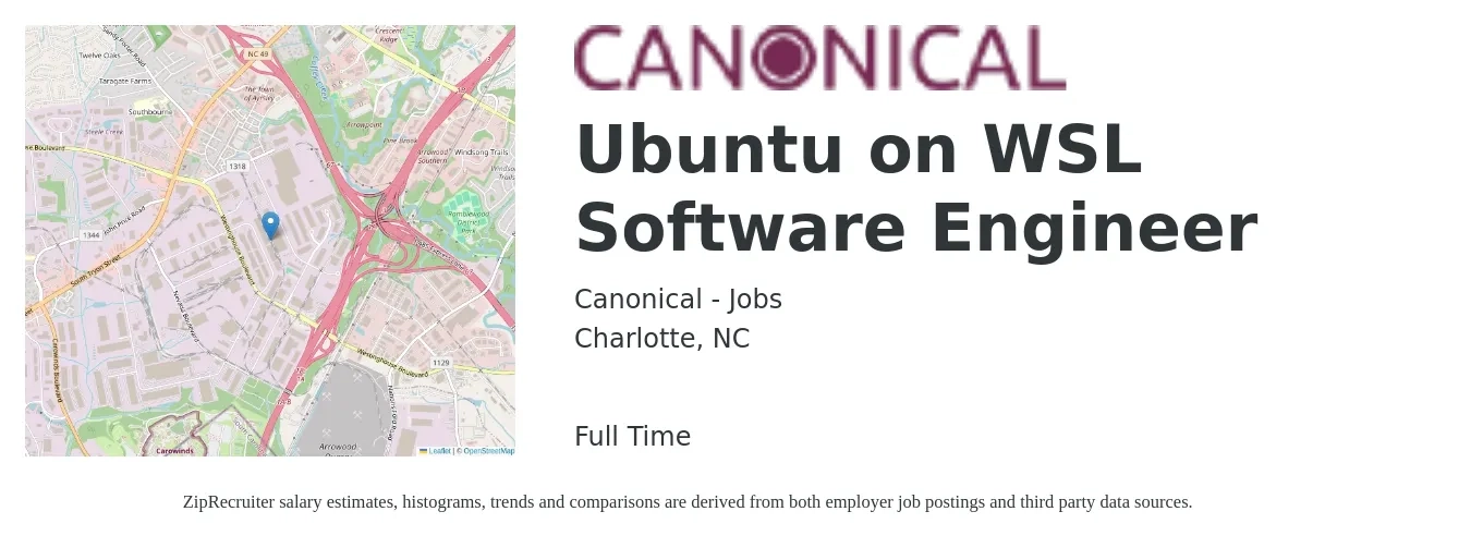Canonical - Jobs job posting for a Ubuntu on WSL Software Engineer in Charlotte, NC with a salary of $71,300 to $93,300 Yearly with a map of Charlotte location.