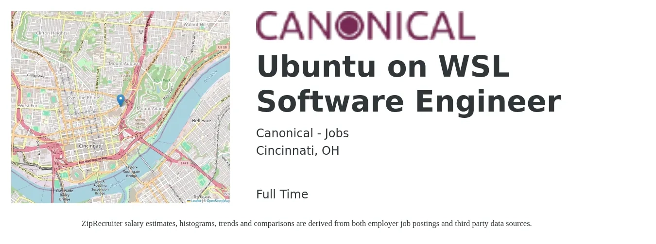 Canonical - Jobs job posting for a Ubuntu on WSL Software Engineer in Cincinnati, OH with a salary of $70,000 to $91,600 Yearly with a map of Cincinnati location.