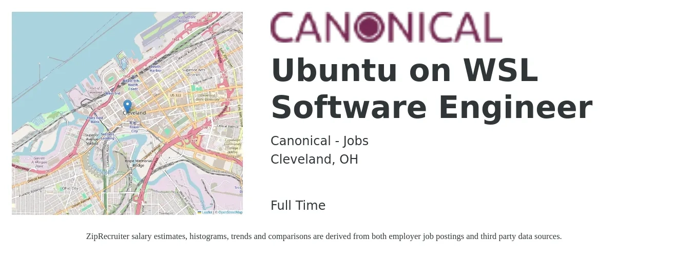Canonical - Jobs job posting for a Ubuntu on WSL Software Engineer in Cleveland, OH with a salary of $70,800 to $92,600 Yearly with a map of Cleveland location.