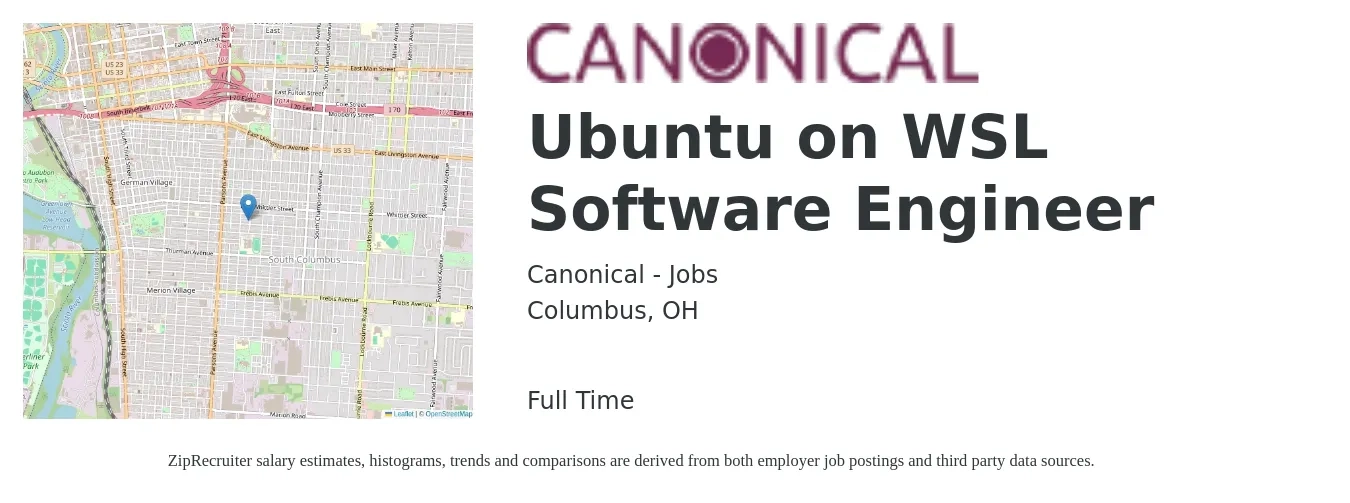 Canonical - Jobs job posting for a Ubuntu on WSL Software Engineer in Columbus, OH with a salary of $70,500 to $92,200 Yearly with a map of Columbus location.