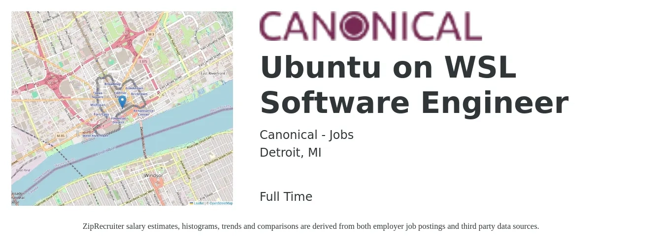 Canonical - Jobs job posting for a Ubuntu on WSL Software Engineer in Detroit, MI with a salary of $72,300 to $94,500 Yearly with a map of Detroit location.
