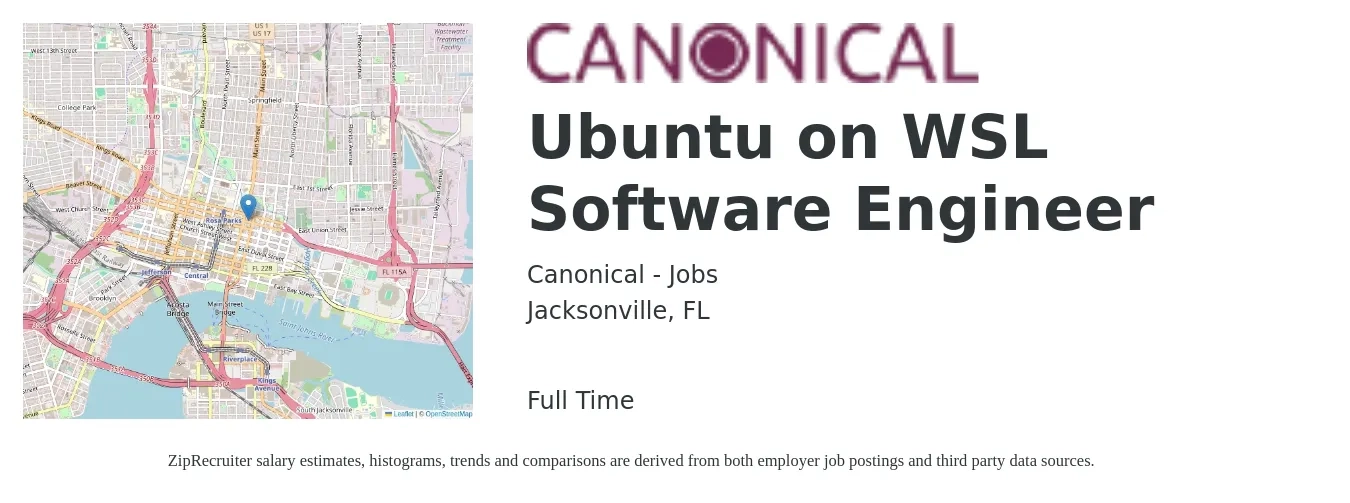 Canonical - Jobs job posting for a Ubuntu on WSL Software Engineer in Jacksonville, FL with a salary of $67,600 to $88,500 Yearly with a map of Jacksonville location.