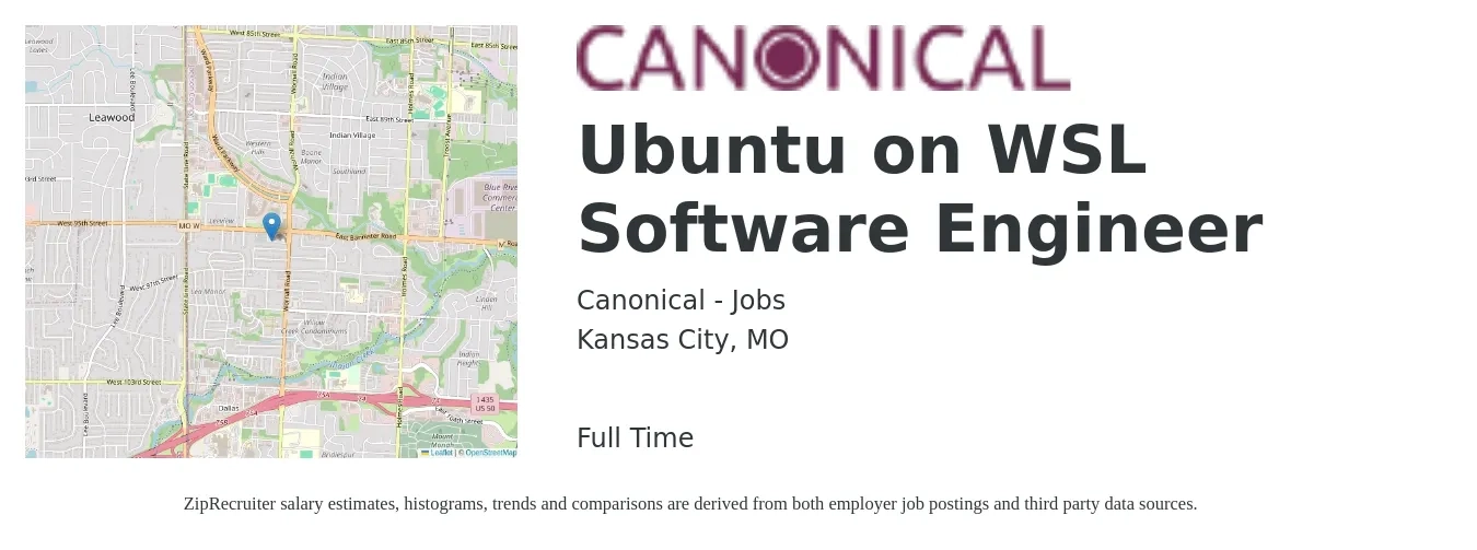Canonical - Jobs job posting for a Ubuntu on WSL Software Engineer in Kansas City, MO with a salary of $71,200 to $93,200 Yearly with a map of Kansas City location.